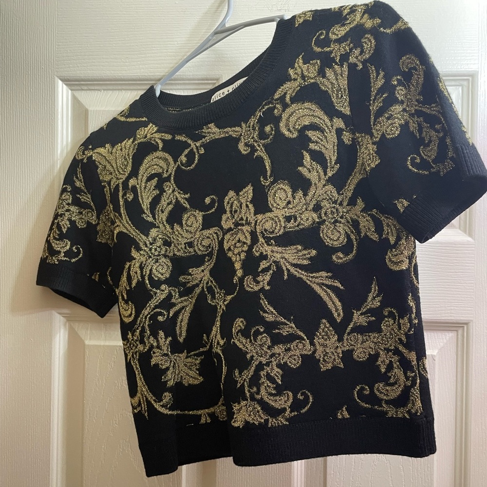 Alice + Olivia Black and Gold Cropped Knit Sweater